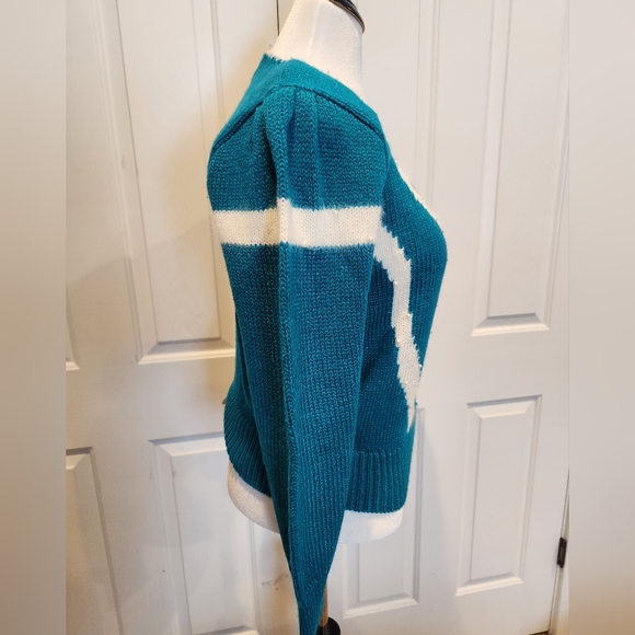 Vintage Jaclyn Smith sweater 80s 90s bow v neck beaded shoulder pads green blue - Picture 2 of 7